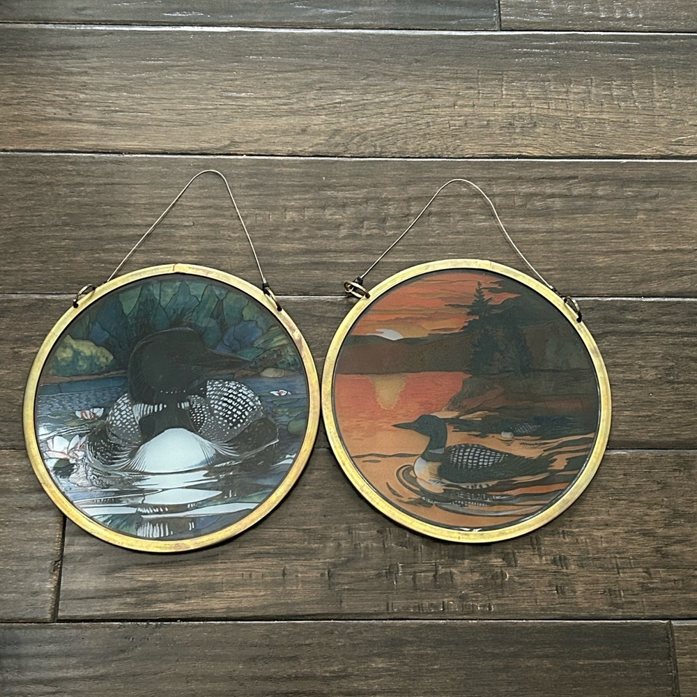 1 Pair Vtg Glassmasters The Loon Stained Glass Light Catcher Wall Hanging Copper - Picture 2 of 16